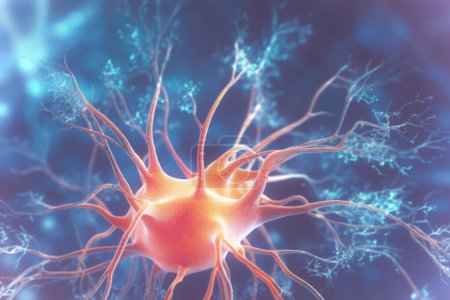 Téléchargez les photos : Neuron image conceptuelle du système nerveux humain. Illustration 3D de neurones aux couleurs vives. - en image libre de droit