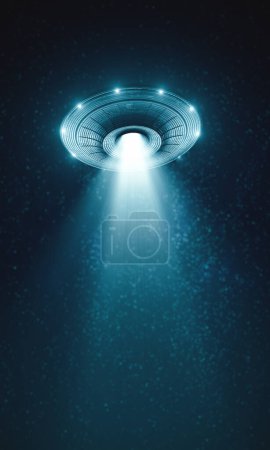 Unidentified flying object at night with fog and a light below, supposed tractor beam. 3D illustration.