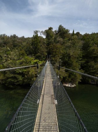 Téléchargez les photos : Empty cable suspension foot bridge spanning over river fresh water stream in Abel Tasman National Park South Island New Zealand - en image libre de droit