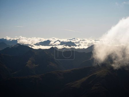 Photo for Alpine mountain silhouette layers, nature landscape panorama seen from Mount Armstrong Brewster Hut West Coast Otago Southern Alps South Island New Zealand - Royalty Free Image