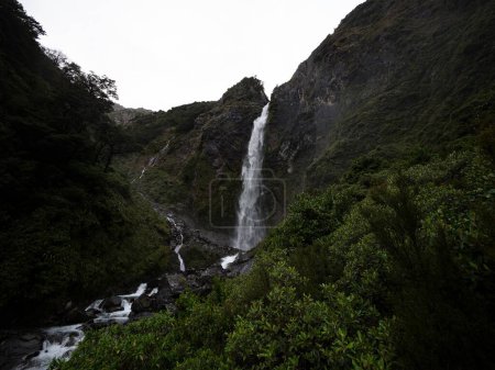 Devil 's Punchbowl Falls rugiente cascada en la exuberante vegetación de bosque de haya verde en Arthur' s Pass Canterbury Southern Alps South Island Nueva Zelanda