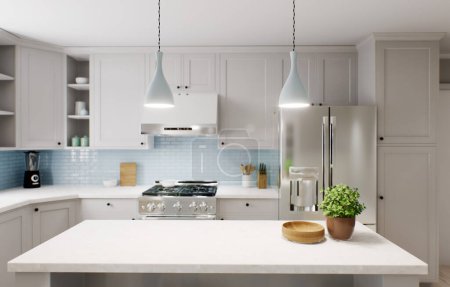 Spacious bright kitchen with a blue apron and blue chairs. 3d rendering. Focus on the marble countertop against the backdrop of kitchen appliances and utensils.