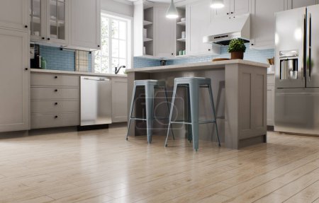 Geräumige helle Küche mit blauer Schürze und blauen Stühlen. 3D-Darstellung. Spülmaschine in einer weißen Küche mit anderen Geräten und Utensilien.