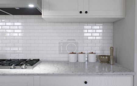 Foto de Gran cocina blanca con isla y todos los electrodomésticos necesarios. renderizado 3d. Zona de trabajo de la cocina, con utensilios. - Imagen libre de derechos