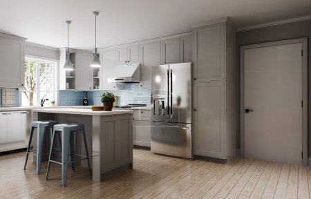 Geräumige helle Küche mit blauem Spritzboden und metallic-blauen Barhockern. 3D-Darstellung. Küche mit großer Kühlschrankhaube und Insel.