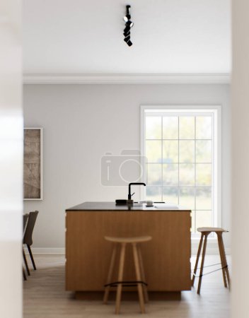 Téléchargez les photos : L'intérieur d'un lumineux studio-cuisine minimaliste avec îlot en bois. Cuisine avec tabouret de bar et plateau en marbre noir avec grande fenêtre et appareils. Robinet noir et cuisinière sur l'île. rendu 3D - en image libre de droit