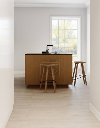 Foto de El interior de una cocina-estudio minimalista con una isla de madera. Cocina con taburete de bar y encimera de mármol negro con gran ventana y electrodomésticos. Grifo negro y estufa en la isla. Renderizado 3D - Imagen libre de derechos