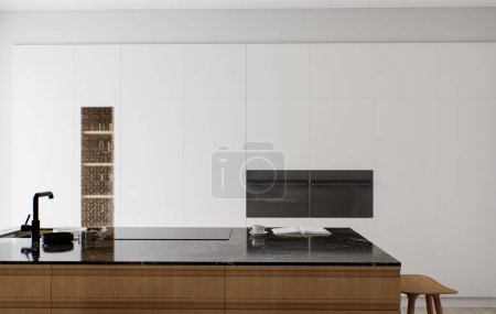 Foto de El interior de una cocina-estudio minimalista con una isla de madera. Cocina con taburete de bar y encimera de mármol negro con gran ventana y electrodomésticos. Grifo negro y estufa en la isla. Renderizado 3D - Imagen libre de derechos