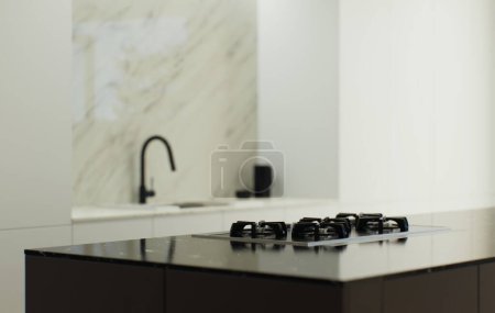 Photo for Design 3d visualization of the interior is made in a strict minimalistic style. Close-up of a black marble countertop with a kitchen stove and kitchen sink in the background. - Royalty Free Image