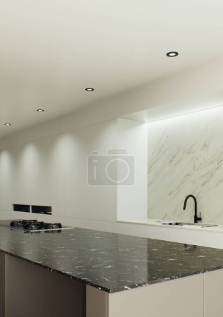 Téléchargez les photos : Conception La visualisation 3D de l'intérieur est faite dans un style minimaliste strict. Gros plan d'un comptoir en marbre noir avec une cuisinière et un évier en arrière-plan. - en image libre de droit