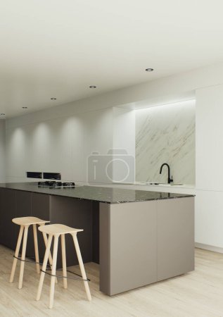Photo for Design 3d visualization of the interior is made in a strict minimalistic style. Large dark kitchen island with recessed lighting and minimalist kitchen cabinets in light dark colors. - Royalty Free Image