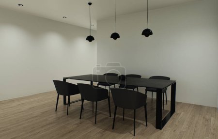 Téléchargez les photos : Conception La visualisation 3D de l'intérieur est faite dans un style minimaliste strict. Table noire à manger avec chaises contre un mur léger. - en image libre de droit
