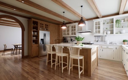Photo for The interior of a large U-shaped kitchen with a wooden front and a large island. Stylish, cozy kitchen with appliances and plants with sun rays. Arch in the kitchen. 3d rendering - Royalty Free Image