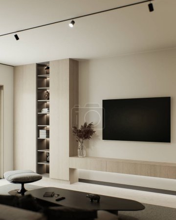 Foto de Interior con TV en el salón. Gran sofá con sillón y mesa de centro y armario con estantes y decoración. renderizado 3d - Imagen libre de derechos