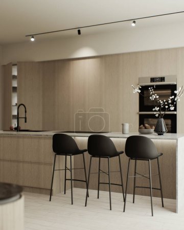 Photo for Kitchen studio in warm colors. Kitchen with wooden island and facades. Beige minimalist kitchen with a large island and kitchen appliances. 3d rendering - Royalty Free Image
