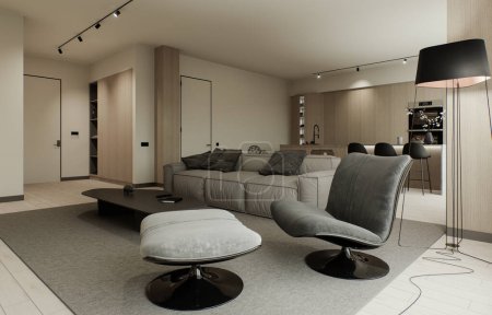 Foto de Interior del estudio, salón y cocina con espacio abierto. Un gran sofá con un sillón y una hermosa cocina minimalista grande. renderizado 3d - Imagen libre de derechos