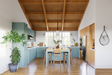 Photo for Large U-shaped green kitchen with island and wooden countertop. Kitchen interior with high ceiling and wood in the interior. 3d rendering. - Royalty Free Image