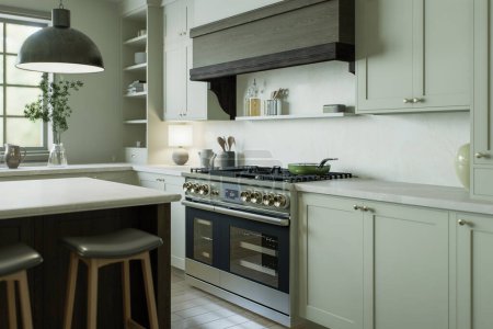 Téléchargez les photos : Belle cuisine lumineuse dans une nouvelle maison de luxe dans un style traditionnel. Grande cuisinière avec four et grande hotte. rendu 3D - en image libre de droit