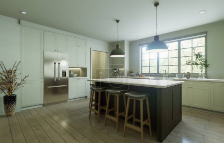 Foto de Hermosa cocina luminosa en una nueva casa de lujo en un estilo tradicional. Cuenta con una isla de madera, encimeras de piedra blanca, armarios y pisos de madera. Renderizado 3D - Imagen libre de derechos