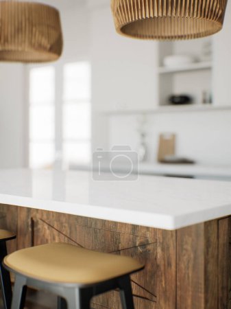 Photo for Focus on the marble countertop against the backdrop of kitchen appliances and utensils. Stylish traditional kitchen with wooden fixtures. 3D rendering - Royalty Free Image
