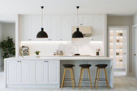 Foto de Cocina blanca con isla, taburetes y lámparas de araña. Diseño elegante de una cocina moderna clásica. Renderizado 3D - Imagen libre de derechos