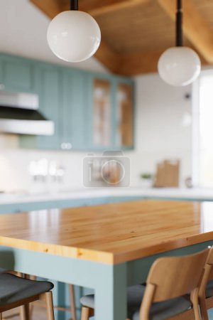 Photo for Green kitchen with wood countertops and accent island for product display. Empty kitchen countertop with blurred kitchen background with appliances and utensils. 3D rendering. - Royalty Free Image