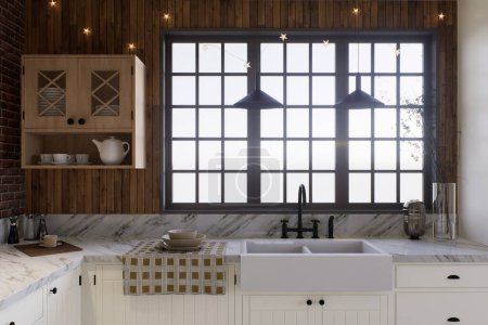 Photo for White kitchen with dark wood, large window and kitchen utensils. L-shaped kitchen accented by a kitchen sink near a large window. 3D rendering - Royalty Free Image