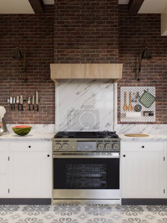Photo for White kitchen with dark red brick, wood, and kitchen utensils. L-shaped kitchen with beams focusing on the stove with hood. 3d rendering - Royalty Free Image