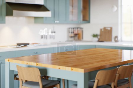 Photo for Kitchen with green cabinets, large window in the background and accent countertop to advertise the product. Kitchen island with blurry long shot of green kitchen. 3D rendering. - Royalty Free Image