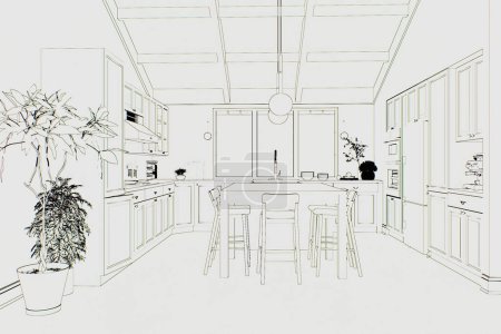 Foto de Dibujo de una cocina sobre un fondo blanco con una isla y electrodomésticos. Diseño abstracto de la cocina en estilo dibujado a mano. Renderizado 3D - Imagen libre de derechos