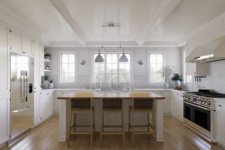 Téléchargez les photos : Cuisine blanche en forme de U avec fenêtres, appareils et ustensiles de cuisine. Cuisine élégante et lumineuse dans un style traditionnel. rendu 3D - en image libre de droit