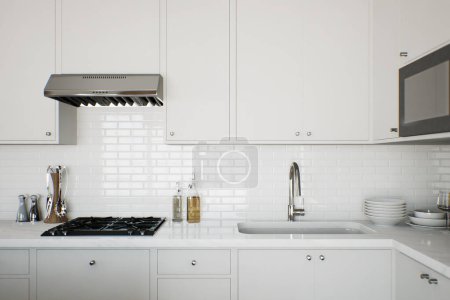 Téléchargez les photos : Cuisine blanche avec appareils et ustensiles de cuisine. Cuisine élégante dans un style traditionnel. rendu 3D - en image libre de droit