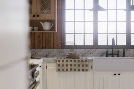 Téléchargez les photos : Cuisine blanche avec brique rouge foncé, bois, grande fenêtre et ustensiles de cuisine. Cuisine en forme de L avec poutres et table à manger. Rendu 3d - en image libre de droit