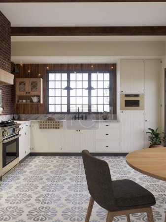Foto de Cocina blanca con ladrillo rojo oscuro, madera, ventana grande y utensilios de cocina. Cocina en forma de L con vigas y mesa de comedor. renderizado 3d - Imagen libre de derechos