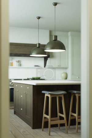 Foto de Hermosa cocina luminosa en una nueva casa de lujo en un estilo tradicional. Cuenta con una isla de madera, encimeras de madera, armarios y suelos de madera. renderizado 3d - Imagen libre de derechos