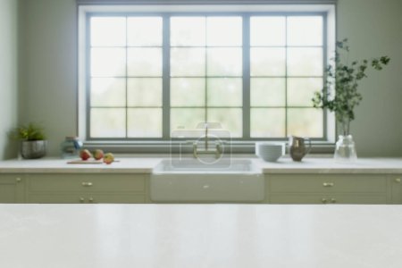Foto de Interior de la cocina con una isla con encimera de piedra blanca para colocar y publicitar productos contra el fondo borroso de la cocina junto a la ventana. Renderizado 3D - Imagen libre de derechos