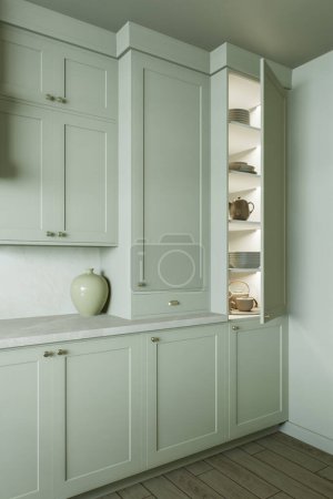 Foto de Armarios de cocina con estantes y utensilios en un interior de cocina tradicional. Lámparas en la cocina. renderizado 3d - Imagen libre de derechos