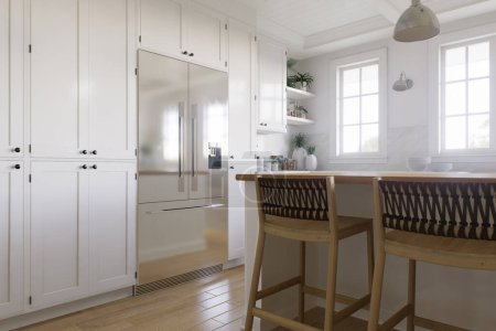 Foto de Nevera grande de metal en la cocina. Elegante cocina blanca en estilo tradicional americano. renderizado 3d - Imagen libre de derechos