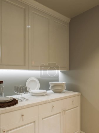 Foto de Cocina despensa con armarios y utensilios blancos. Habitación separada en la cocina. Renderizado 3D - Imagen libre de derechos