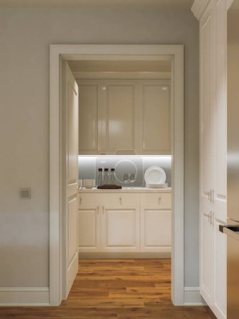 Téléchargez les photos : Garde-manger de cuisine avec armoires et ustensiles blancs. Chambre séparée dans la cuisine. rendu 3D - en image libre de droit