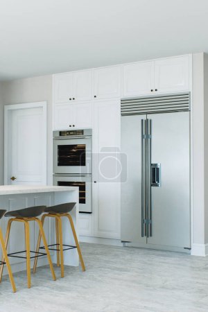 Photo for White kitchen with island, bar stools, refrigerator, built-in appliances. Bright kitchen with focus on large refrigerator. 3D rendering - Royalty Free Image