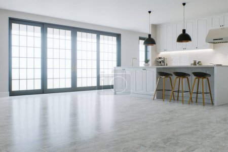Photo for Semi-empty white kitchen interior with a large window and an accent on the marble floor. Kitchen with island and large black window. 3D rendering. - Royalty Free Image
