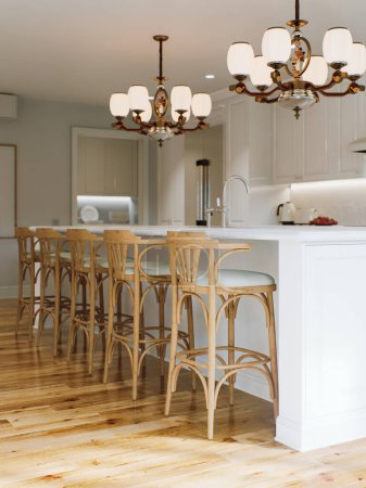 Foto de Cocina tradicional blanca con isla larga y sillas de madera con suelo de madera barnizada. Cocina clásica con grandes lámparas de araña y electrodomésticos de cocina. renderizado 3d - Imagen libre de derechos