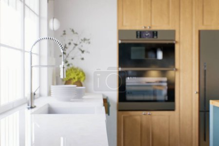 Téléchargez les photos : Cuisine avec armoires en bois et façades vertes, avec une grande fenêtre, appareils et ustensiles de cuisine. Accent sur l'évier avec robinet dans la cuisine. rendu 3D - en image libre de droit