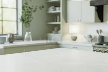 Téléchargez les photos : Intérieur de la cuisine avec un îlot avec un comptoir en pierre blanche pour placer et annoncer des produits sur le fond flou de la cuisine près de la fenêtre. rendu 3D - en image libre de droit