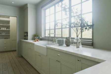 Photo for Kitchen in traditional style. Kitchen sink near a large window, many convenient cabinets with kitchen utensils. 3D rendering. - Royalty Free Image