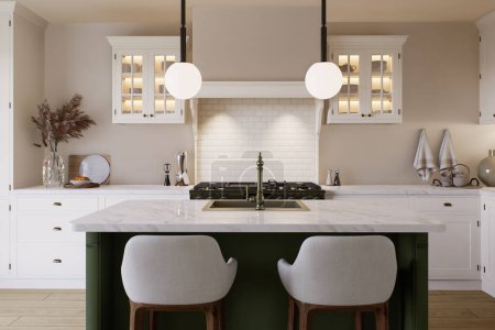 Foto de Cocina luminosa en colores cálidos con una isla verde. Cocina interior con electrodomésticos y utensilios. Renderizado 3D - Imagen libre de derechos