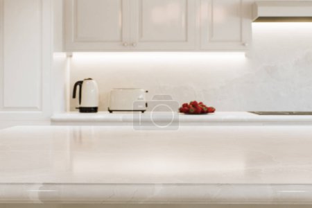 Photo for Kitchen white countertop with white marble, with blurred bokeh background. Presentation of goods in the kitchen interior on the countertop surface. 3D rendering - Royalty Free Image
