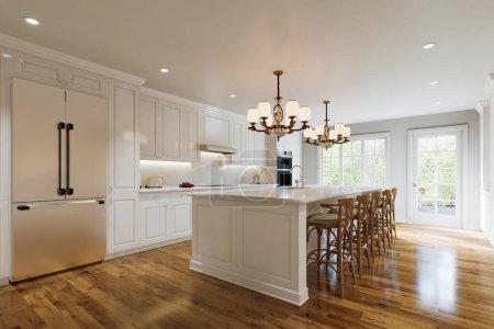 Photo for Traditional white kitchen with long island and wooden chairs with varnished wood flooring. Classic kitchen with large chandeliers and kitchen appliances. 3d rendering - Royalty Free Image