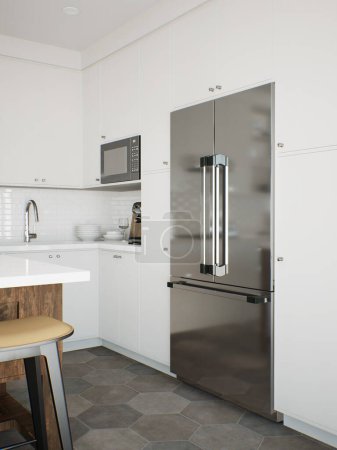 Téléchargez les photos : Cuisine blanche avec réfrigérateur et ustensiles de cuisine. Cuisine élégante dans un style traditionnel. rendu 3D - en image libre de droit